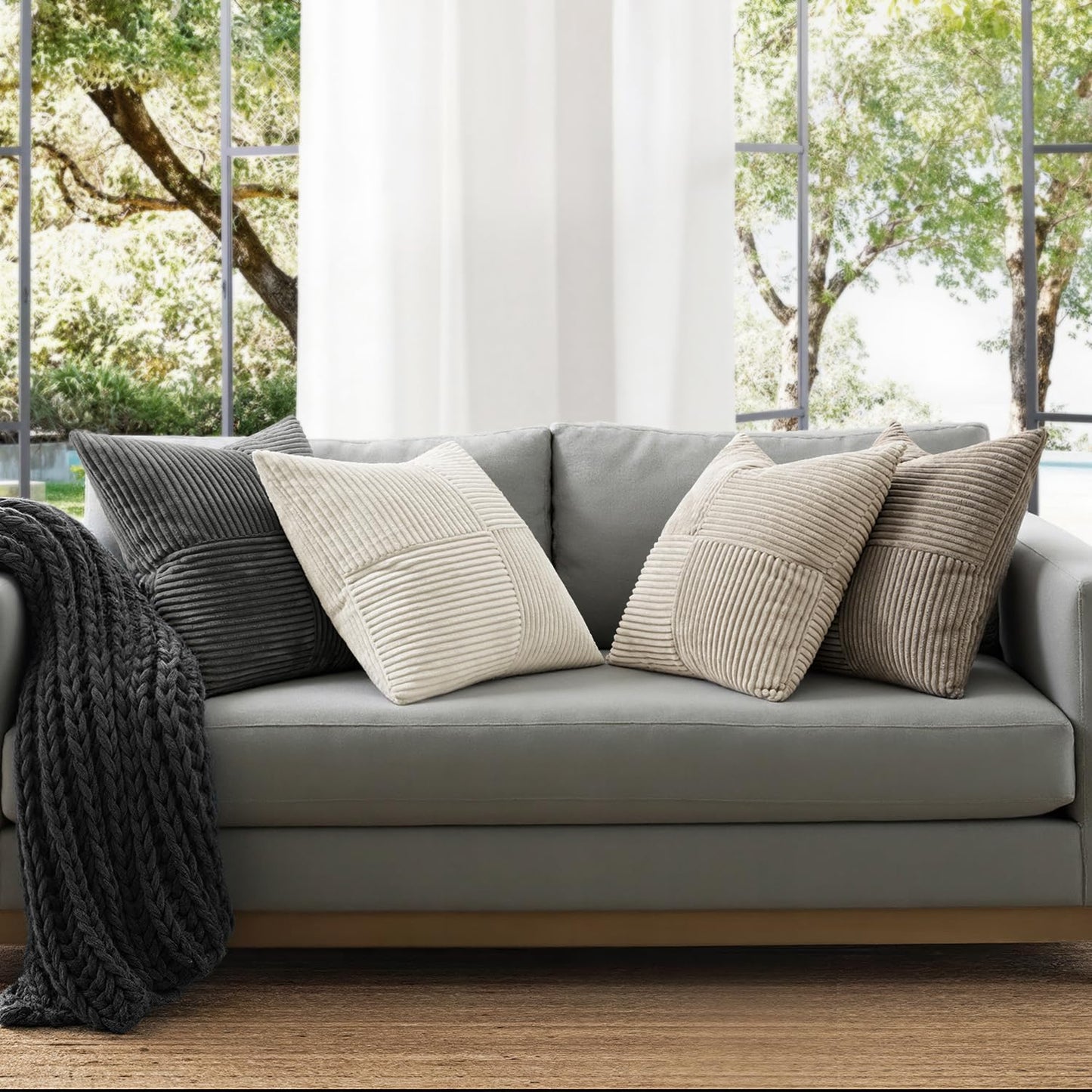 ANRODUO Pack of 4 Decorative Throw Pillows for Couch Neutral Gray 18x18 Inch Boho Cozy Soft Corduroy Cushion Covers Farmhouse Accent Pillowcases for Mid Century Summer Home Decor Sofa Bed Living Room