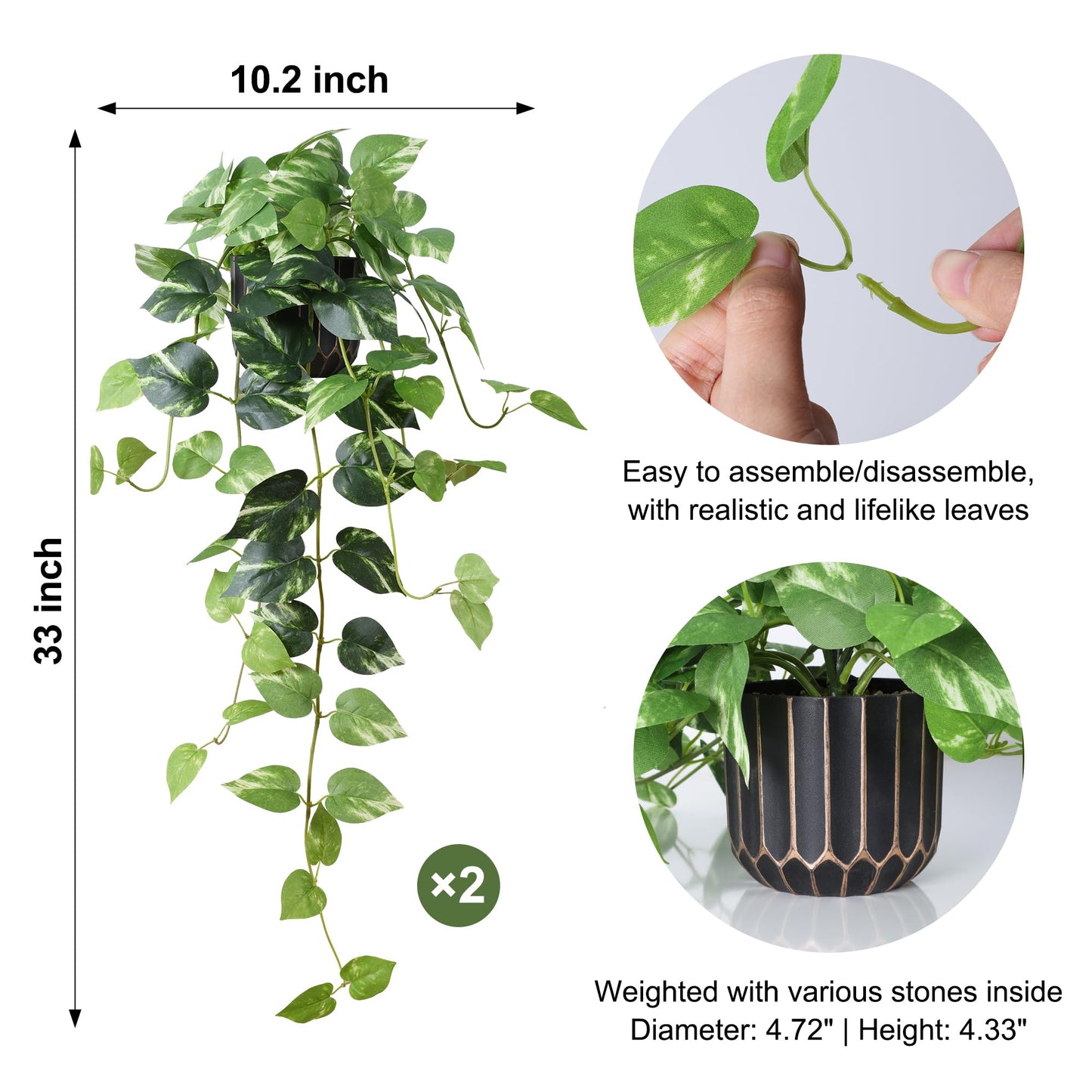 FancyPlus Fake Plants 2 Pcs Faux Pothos Plants Potted Indoor Artificial Hanging Plants Realistic Fake Greenery Table Desk Bathroom Office Bedroom Living Room Shelf Modern Farmhouse Decor Outdoor