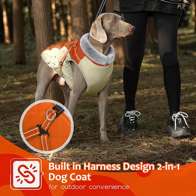 Abuandi Dog Winter Coat with Harness, Dog Jacket, Pet Clothes with Zipper on Back, Waterproof Windproof Warm Vest, Reflective Cold Weather Coats, for Small Medium Large Dogs, Thick, Orange, 3XL