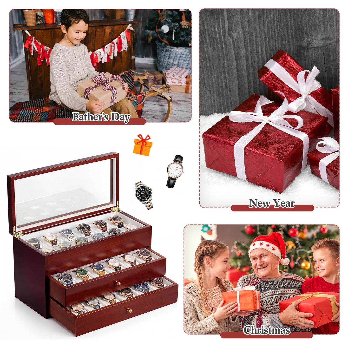 Silipull 36 Slot Watch Storage Box 3-layer Wood Storage Organizer with Acrylic Lid Display Box for Men and Women Top Layer for Larger Watches 2 Drawers for Regular Size Watch Collection