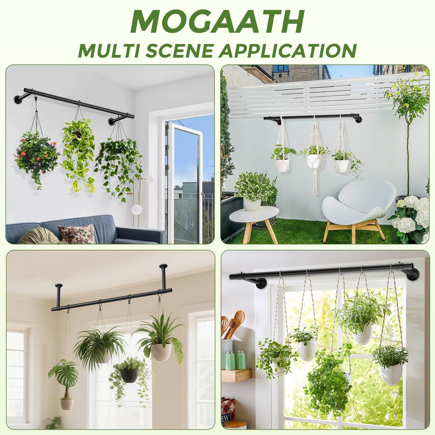 Mogaath Window Plant Hanger Indoor, 32 Inch Heavy Duty Plant Hanging Rod, 1 Inch Metal Hanging Plant Holder for Window Wall, Matte Black Round Flange Base, Pot Not Included
