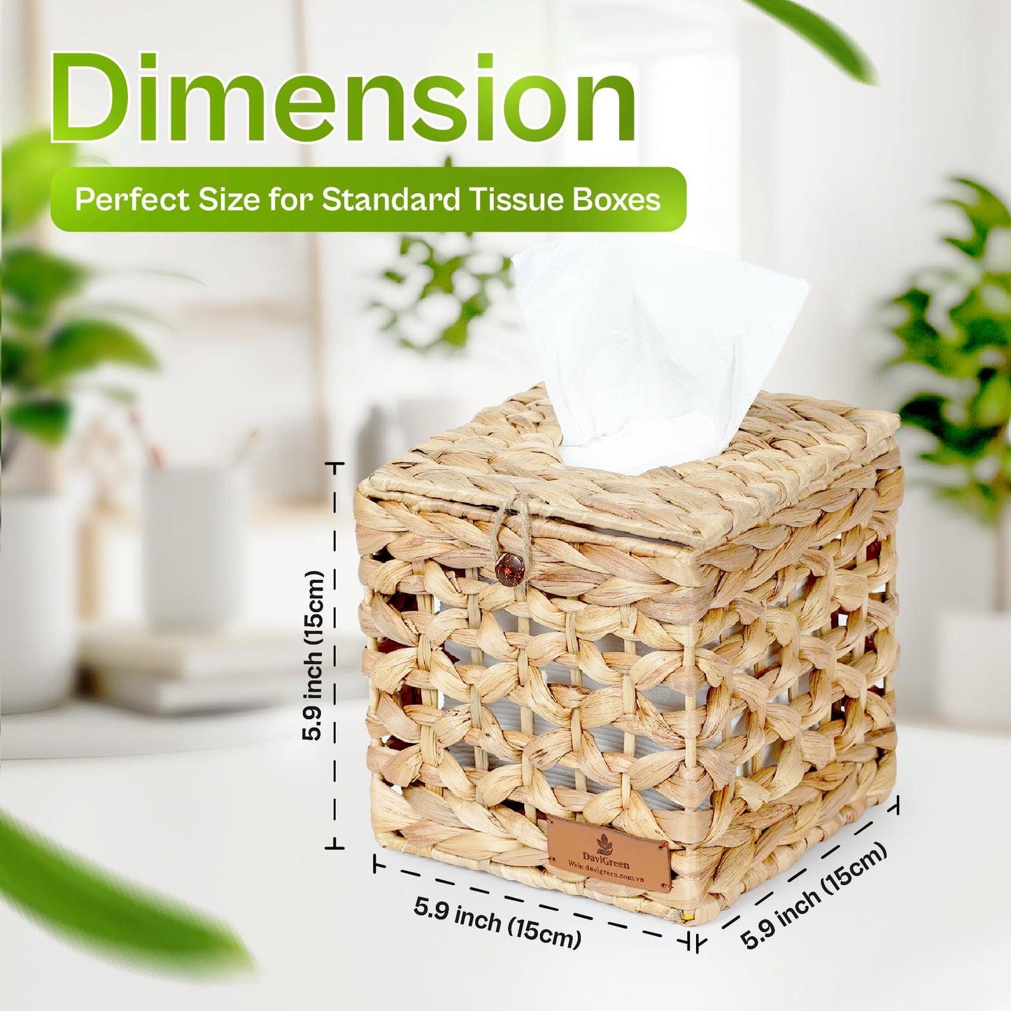 DaviGreen Tissue Box Cover Square 5.9” Set of 2, Handwoven Water Hyacinth Tissue Box Cover, Natural Woven Decorative Cover, Fits Standard Tissue Boxes, Easy One-Hand Pull.