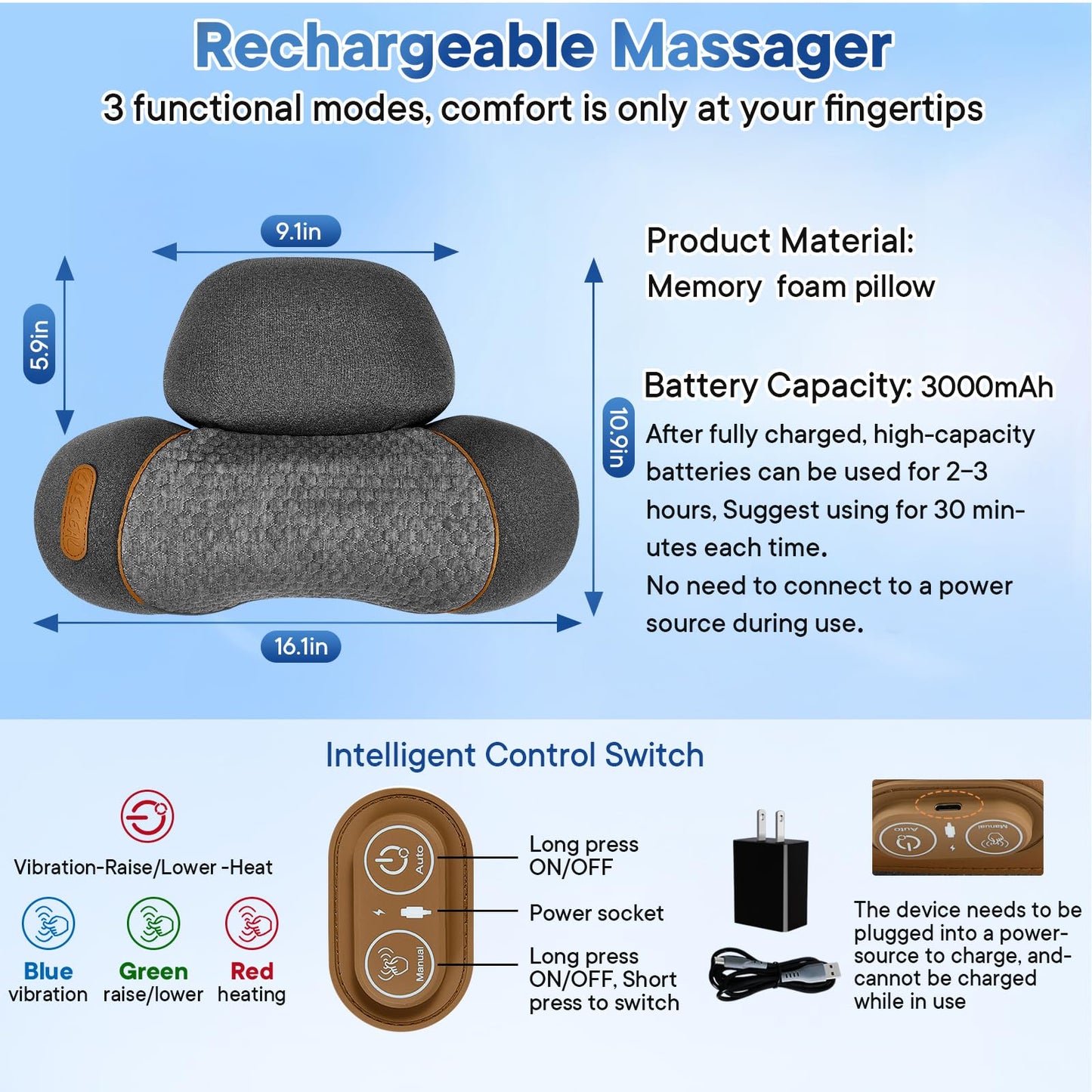 GIFEY 3-in-1 Rechargeable Neck Massager Pillow with Heat, Vibration & Traction, Deep Tissue Pain Relief, Neck Hump Corrector & Cervical Support for Home Office Travel (Light Gray)