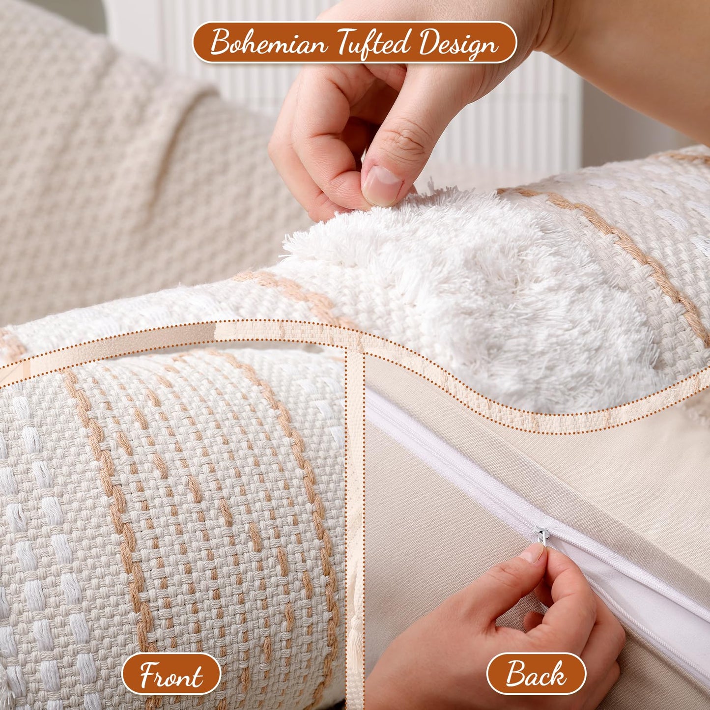 Richtry 14x36 Lumbar Pillow Cover, Boho Tufted Decorative Throw Pillowcase with Tassels for Bed Couch & Sofa, Modern Farmhouse Accent Cushion, Cream Beige (Cover Only)