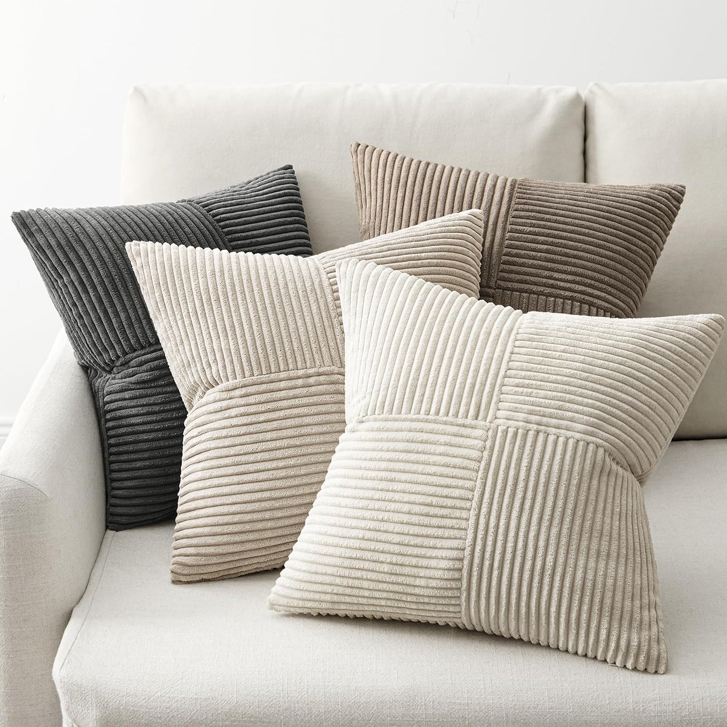 ANRODUO Pack of 4 Decorative Throw Pillows for Couch Neutral Gray 18x18 Inch Boho Cozy Soft Corduroy Cushion Covers Farmhouse Accent Pillowcases for Mid Century Summer Home Decor Sofa Bed Living Room