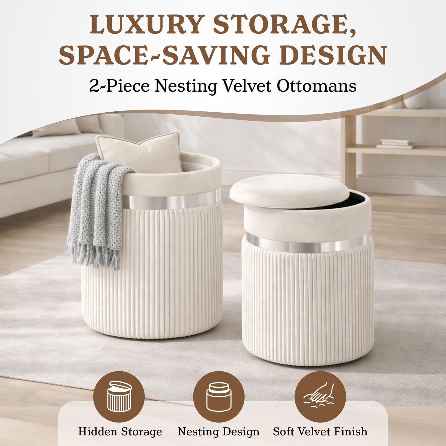 Round Storage Ottoman Set of 2 - White Ottoman with Storage for Living Room - Velvet Vanity Stool and Footrest - Round Nesting Ottoman Stools for Bedroom Makeup Area - Hidden Storage