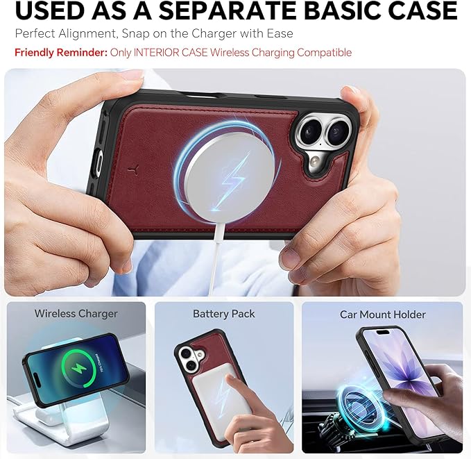 TUCCH Detachable Case Wallet for iPhone 17 (6.3") 2025, Wrist Strap | 4 Card Holders RFID Blocking | Wireless Charging | Stand | 2-in-1 Magnetic | PU Leather | Shockproof Folio Cover | Dark Red