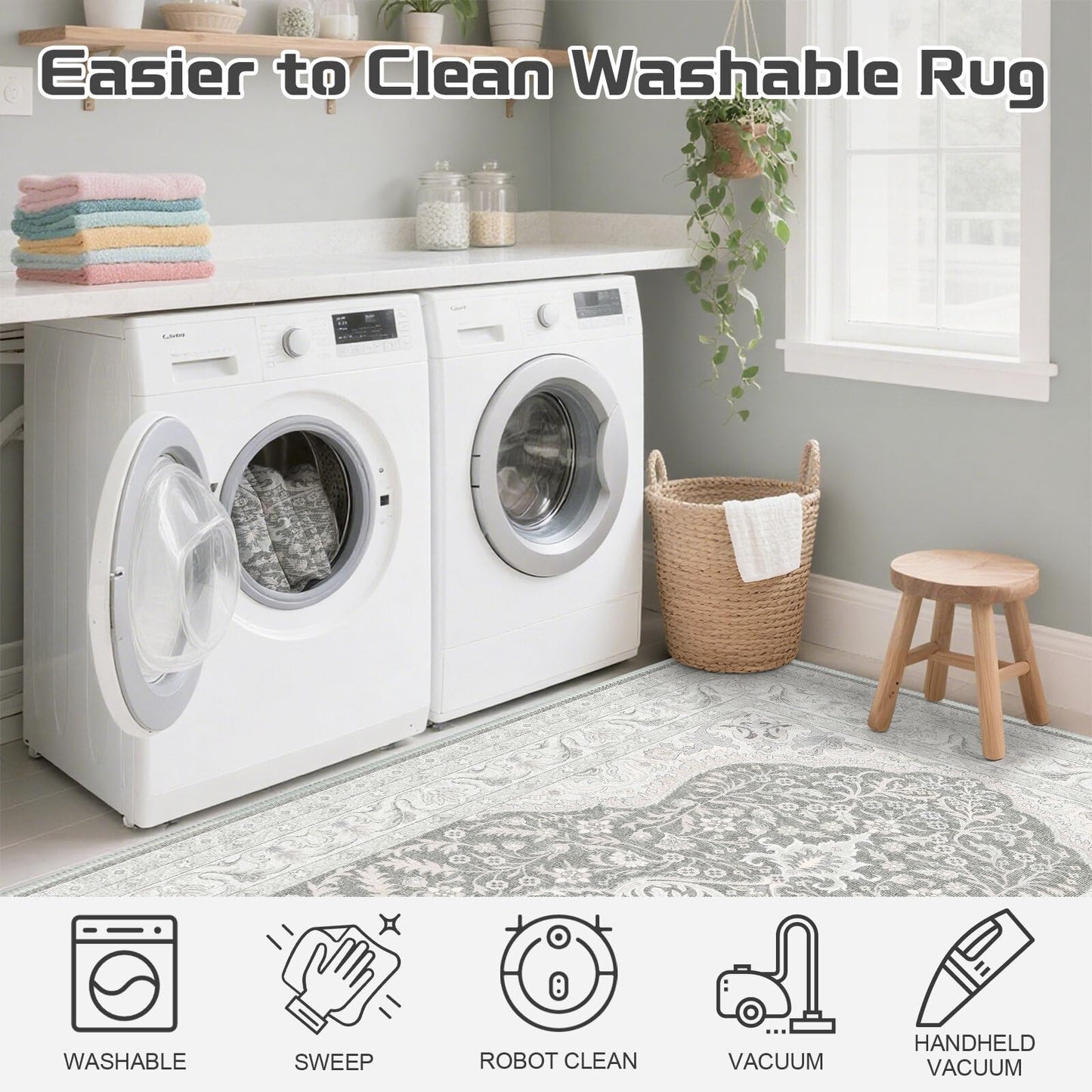ANSSO Washable Rug 5x7 Area Rugs for Living Room - Stain Resistant Non-Slip Backing Boho Rug for Bedroom,Durable & Ultra-Thin Vintage Large Area Rug(5x7,