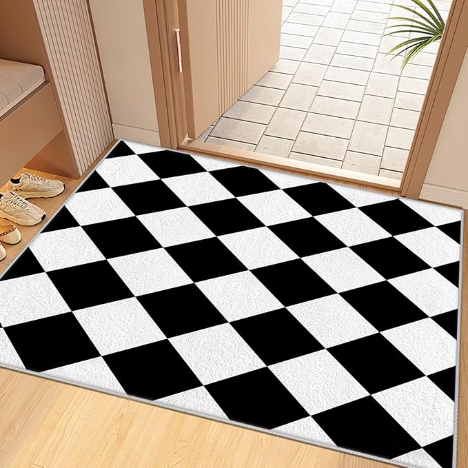Checkered Rug, Black White Rug, Washable Rugs 3x5, Geometric Rhombus Plaid Area Rugs, Grid Gingham Carpet for Living Room Non Slip Home Decor