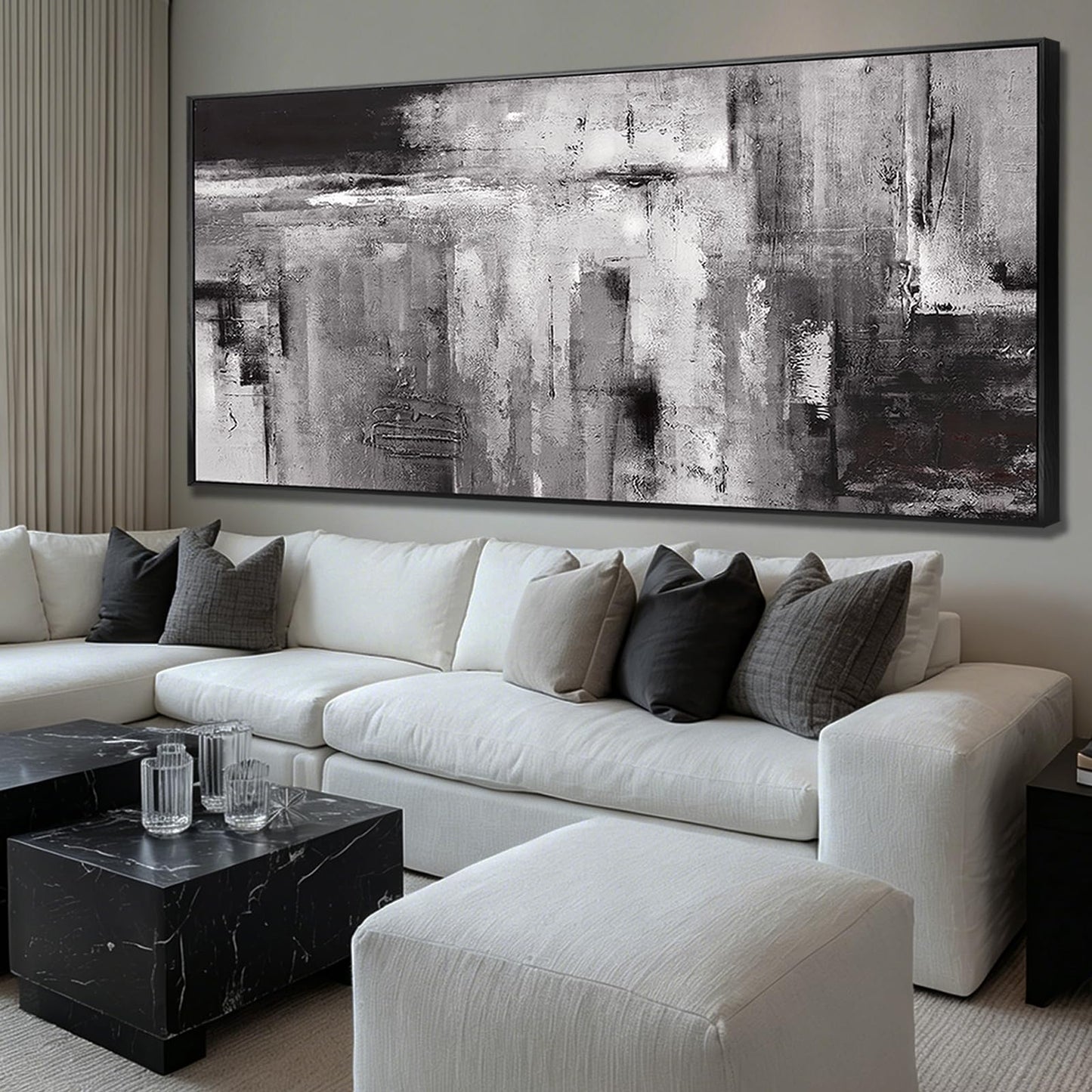Large Framed Black and Grey Wall Art for Living Room,Neutral Abstract Canvas Wall Decor Modern Canvas Prints for Bedroom Office 32"x70"