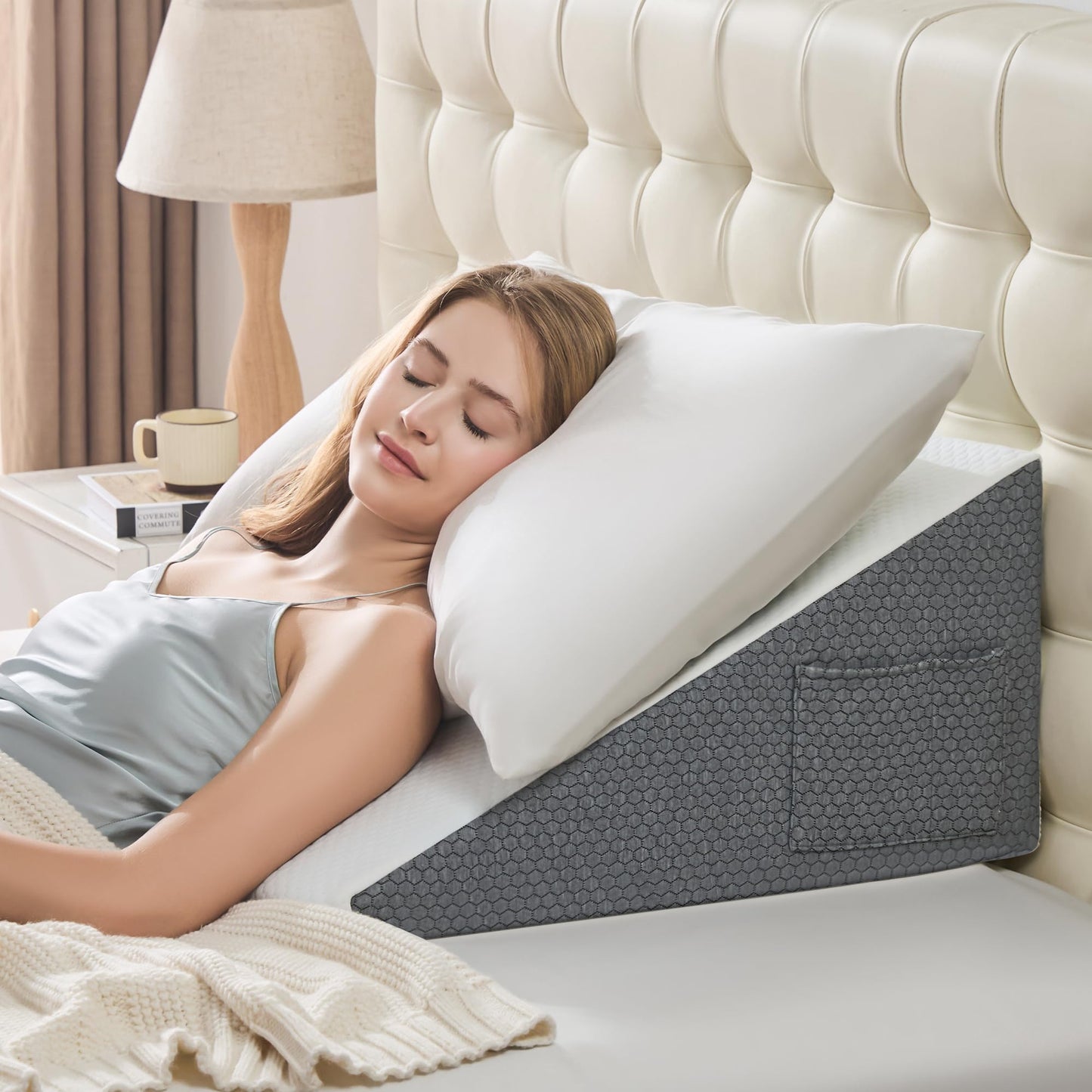 Yojoker Wedge Pillow for Sleeping - Bed Wedge for Headboard Triangle Pillow, Memory Foam Wedges for Acid Reflux, GERD, Snoring, Post Surgery Back Pain Relief, Leg Elevation(White Grey, 24*24*7.5 inch)