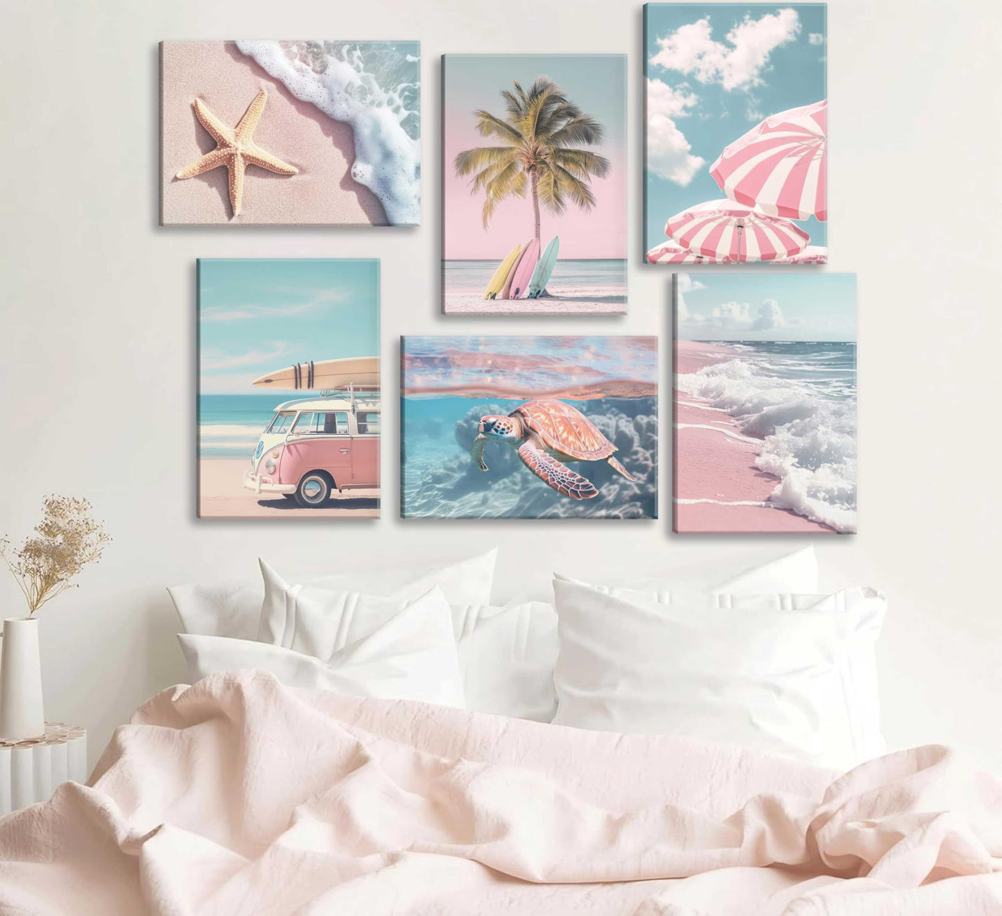 6Pcs Pink Summer Beachy Wall Art Fresh Pink Tropical Ocean Art Print Beach Chairs Starfish Surfboard Palm Tree Wall Decor Retro Coastal Canvas Picture Bus Van Canvas Painting for Bedroom Framed