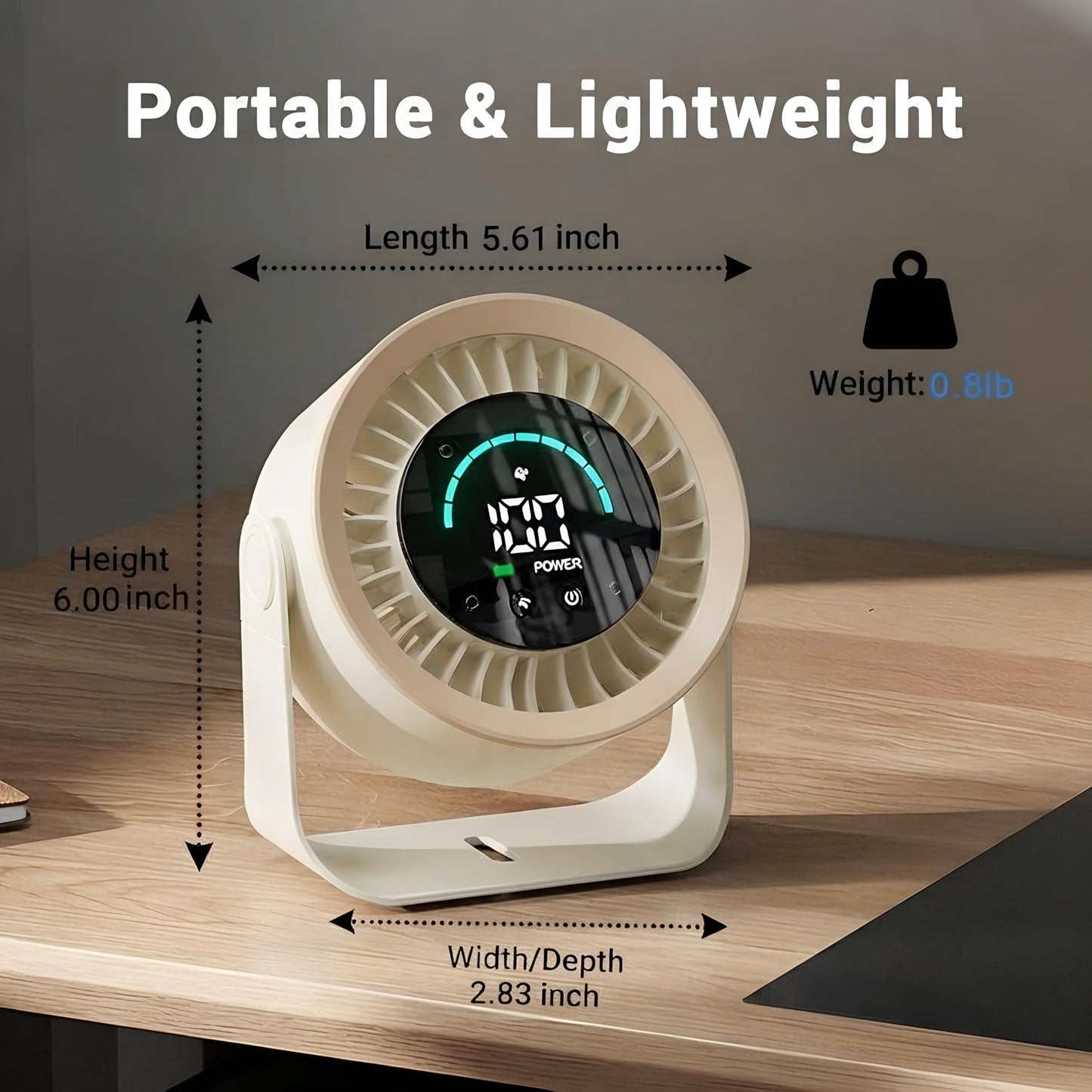 Refluxe Mini Desk Fan, Small USB Rechargeable Quiet Desktop Fan, Cooling Table Electric Fan with LED Digital Display, 360°Adjustable Tilt for Bedroom, Office & Home (Khaki)