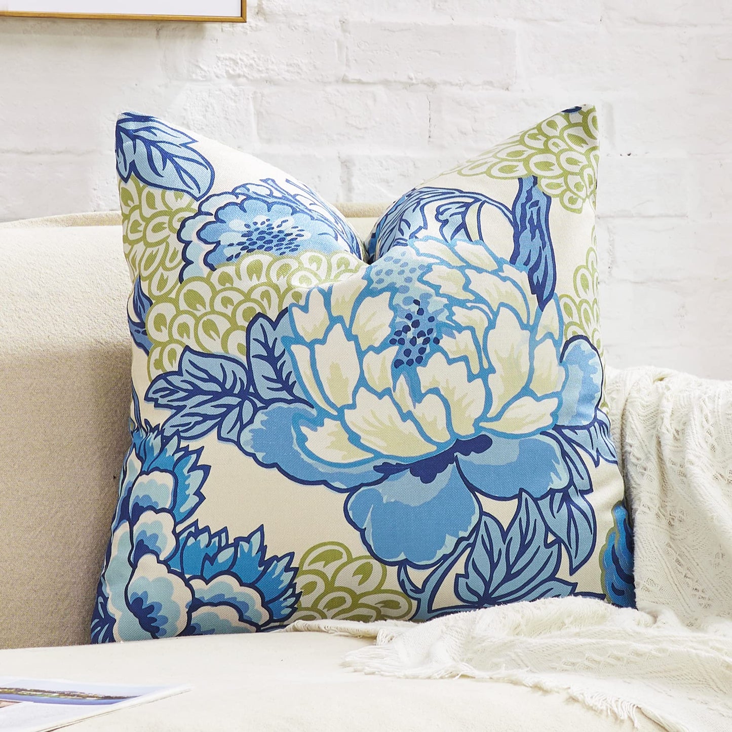 BLESFEST Pack of 2, Chinoiserie Pillow Cover 18 x 18 Inch Peony Floral Pillow Covers Linen Flower Throw Pillow Covers Farmhouse Pillowcase Cushion Covers for Sofa Couch Living Room Blue Beige
