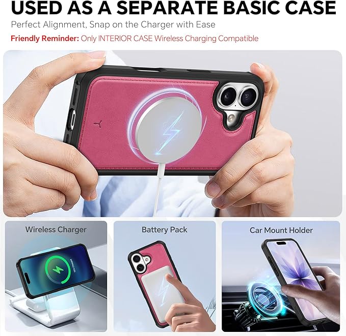 TUCCH 2-in-1 Removable Wallet Case for iPhone 17 (6.3-inch) 2025, Wireless Charging | RFID Blocking 4 Card Slots | Wrist Strap | Kickstand | Magnetic | PU Leather | Protective Flip Cover | Hot Pink