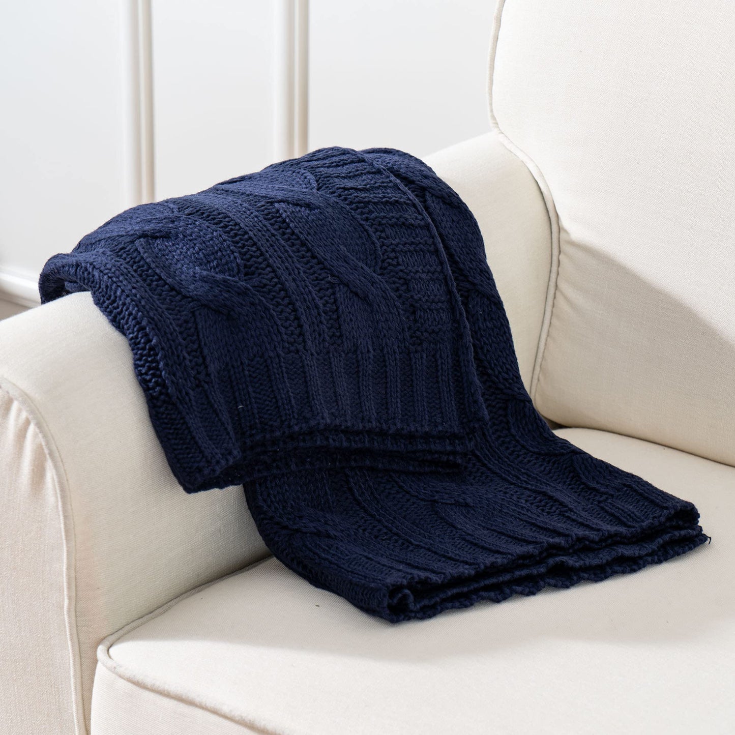 Battilo Navy Cable Knit Throw Blankets for Couch, Super Soft Warm Cozy Decorative Knitted Throw Blanket for Bed, Sofa, Chair 50"x60"