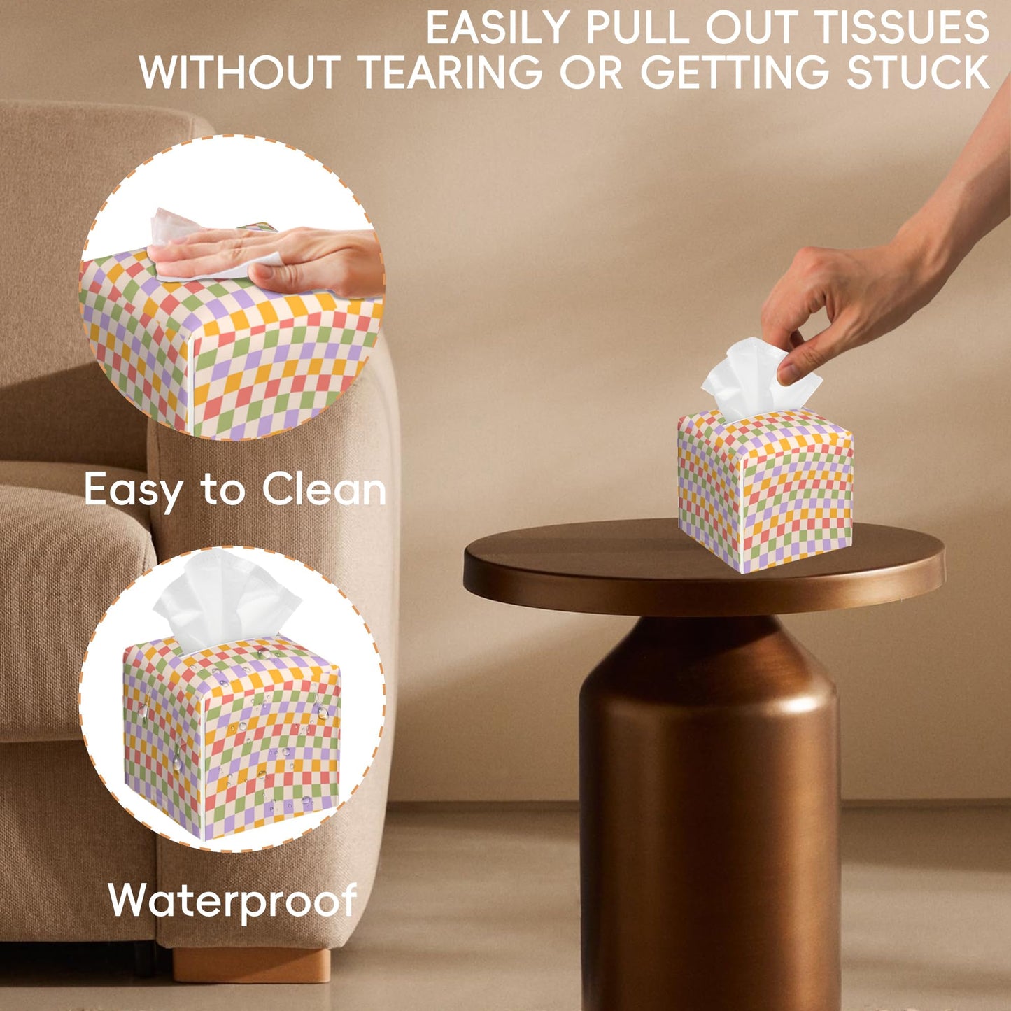 Tissue Box Cover Leather Tissue Box Holder Cube Tissue Case Cover Facial Paper Organizer Dispenser for Bathroom, Vanity Countertop, Office Desk (Wavy Checkered)
