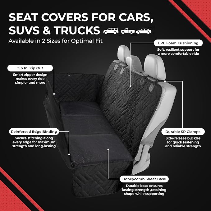 PetSuite Hard Bottom Dog Car Seat Cover for Back Seat – 300-lb Strength Pet Cover for Dogs with 40% Extra Space, Waterproof Nonslip Backseat Hammock for Cars & SUVs (Car or SUV)
