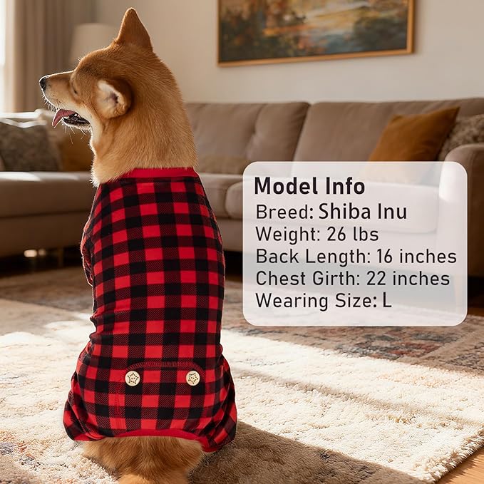 KYEESE Dog Pajamas Soft Dog Pajamas for Small Dogs Comfy Pet Costume Warm 4 Legs Pet Jammies Velvet Pets Onesie Stretchy Dogs Clothes Red Buffalo Check Pet Pjs,M