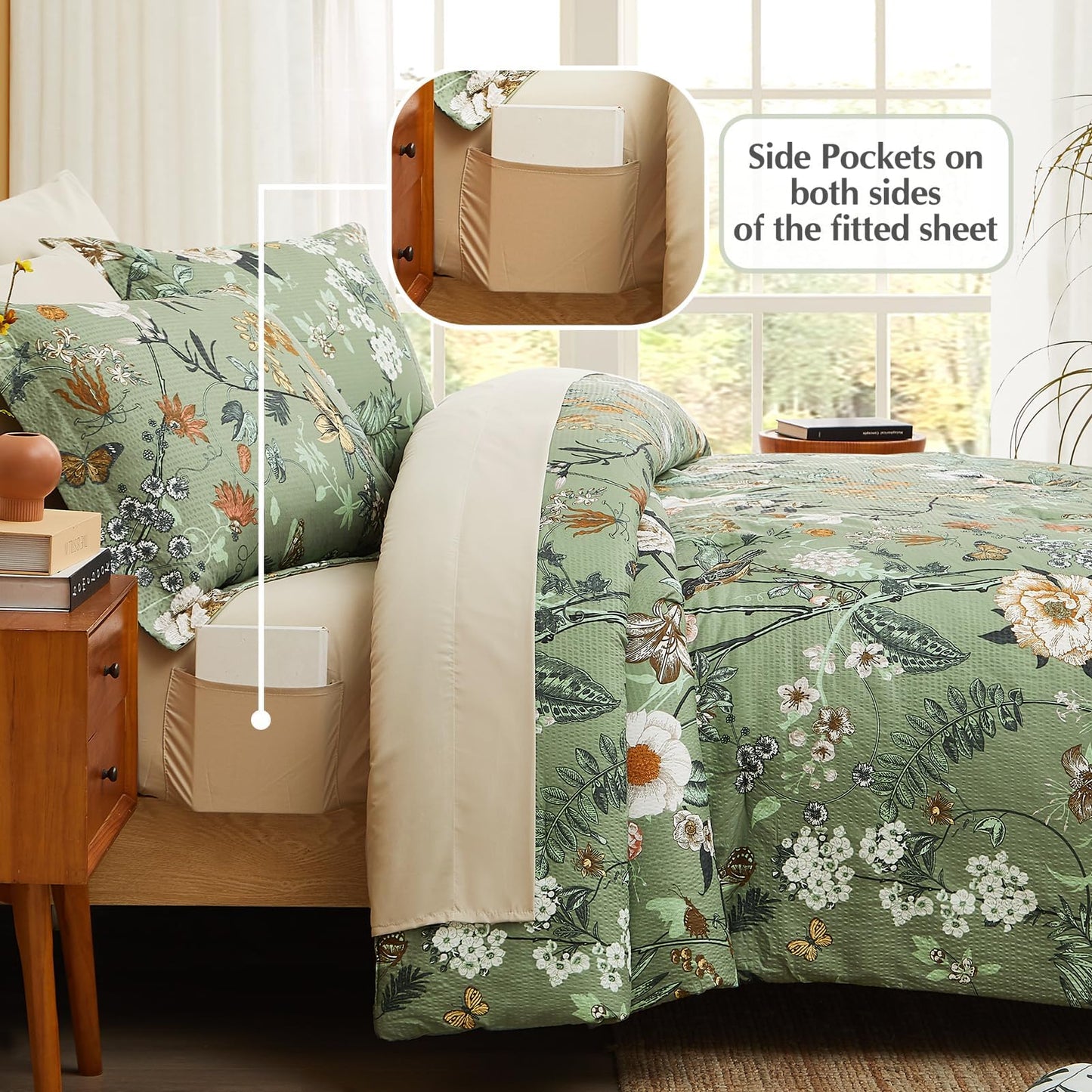 CASAAGUSTO Queen Comforter Set - 7 Pieces Bed in a Bag Queen Green Butterfly Floral Comforter Set with Flowers Leaves Pattern, Soft Seersucker Design All Season Queen Size Bedding Set