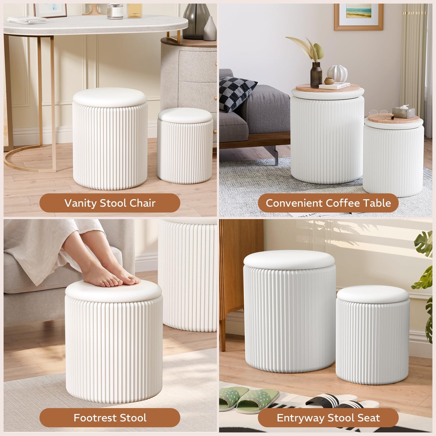 Trygoal Round Ottoman with Storage Set of 2, Breathable Cotton & 300LBS Engineered Wood Frame, Nesting Side Table with Blanket Storage, No Assembly Cozy Vanity Stools for Living Room, White