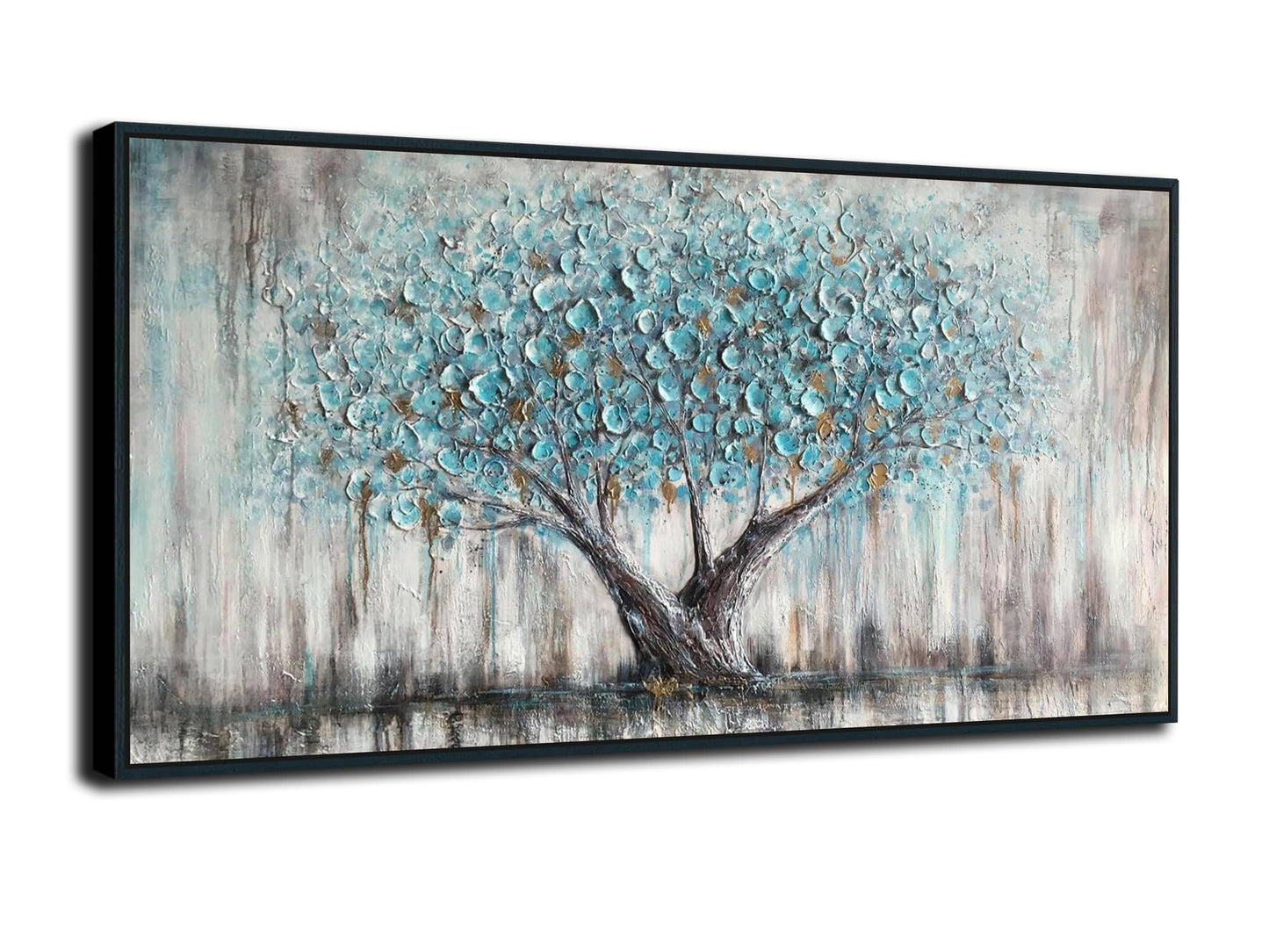 Arjun Framed Blue Tree Canvas Wall Art for Living Room Tree of Life Abstract Bedroom Textured Painting, Nature Picture Landscape Artwork Home Office Decor, Black Wood Large 40"x20"