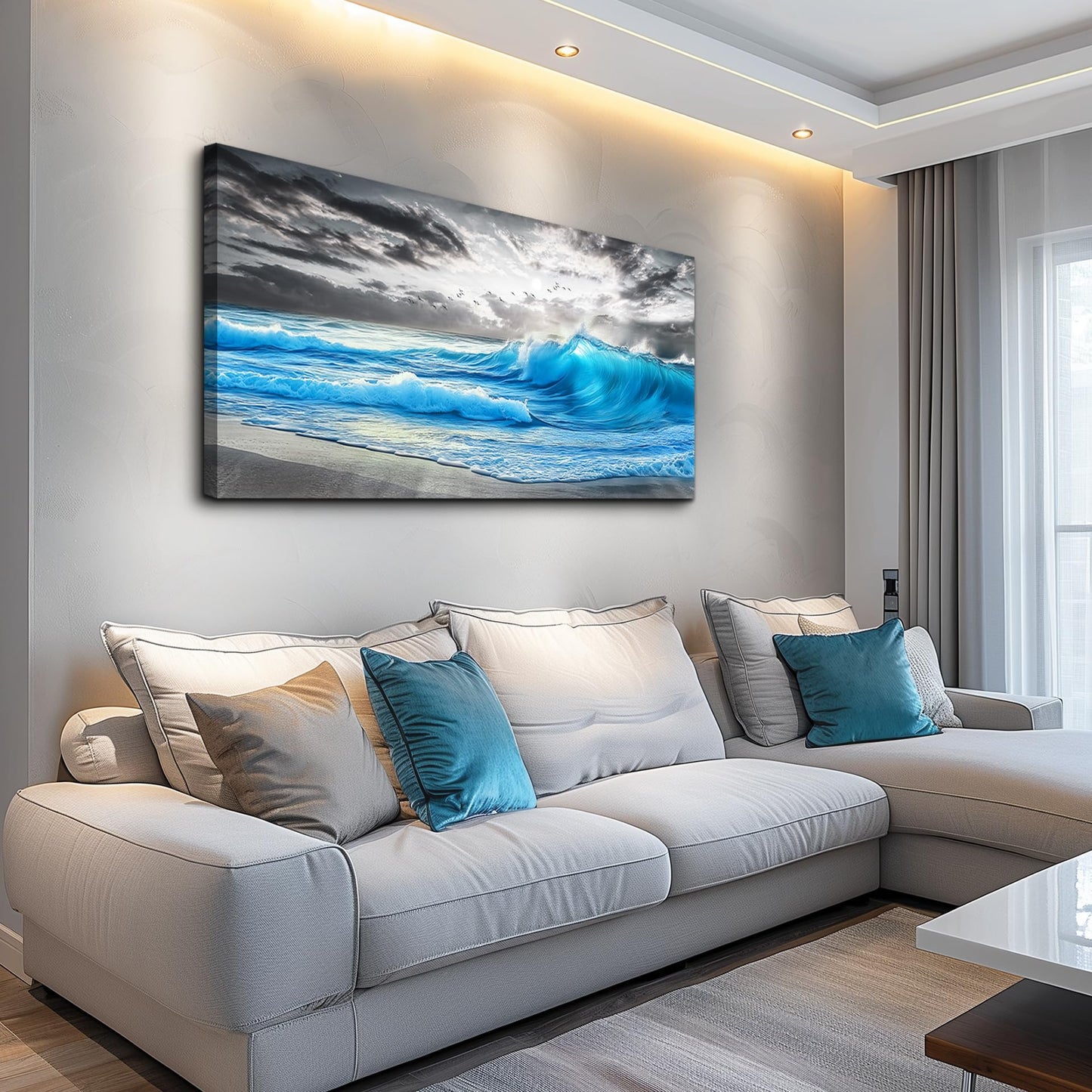 PHAOHUAXM Large Canvas Beach Wall Pictures Wall Decor For Living Room Wall Art For Bedroom Office Decorations Blue Sea Wave Ocean Painting Printing Artworks Modern Restaurant Home Decor 20x40 In