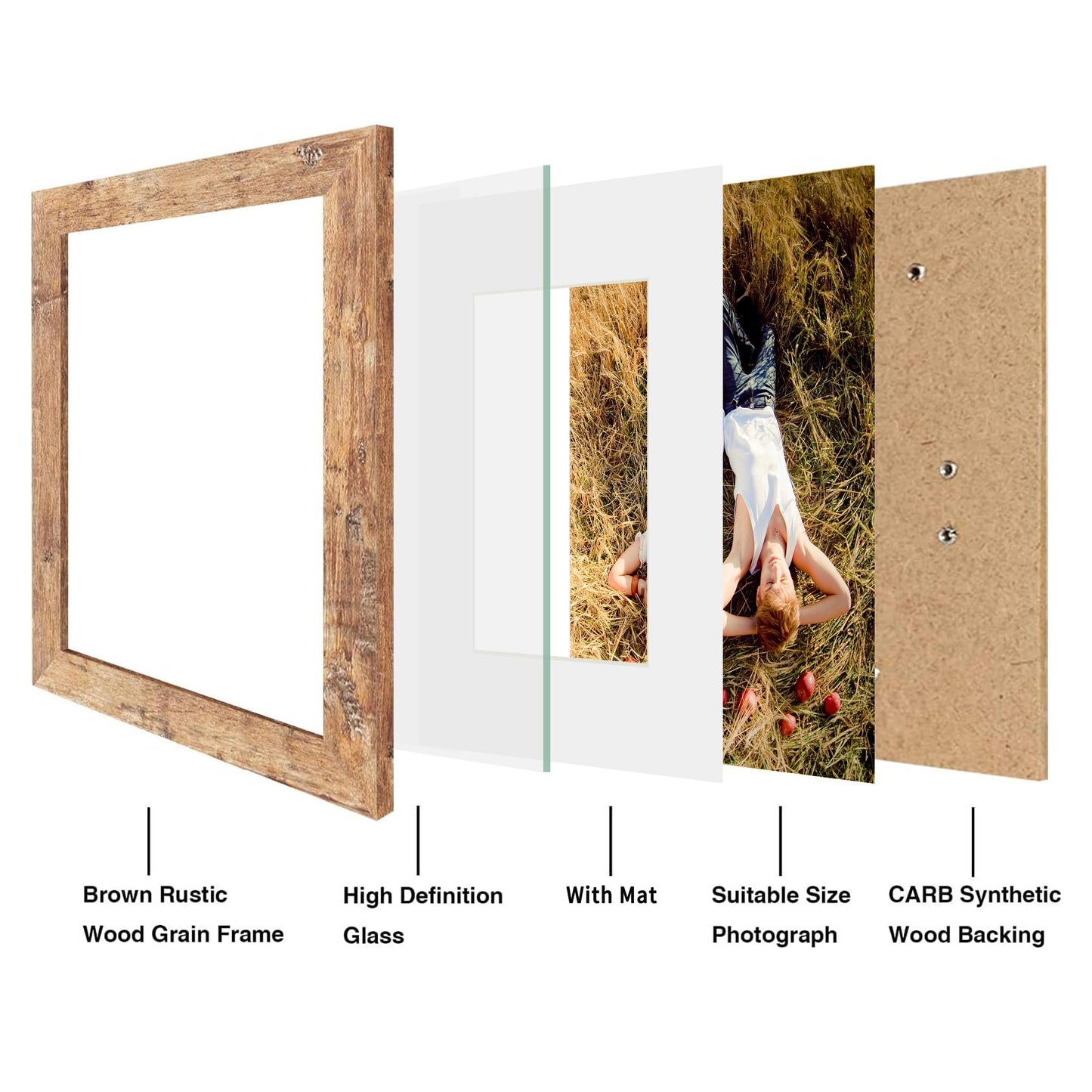 iRahmen 8x10 Picture Frame Set of 2, High Definition Real Glass Rustic Brown Wood Frame, Display Pictures 5x7 with Mat or 8 x 10 Without Mat for Tabletop or Wall Mounting