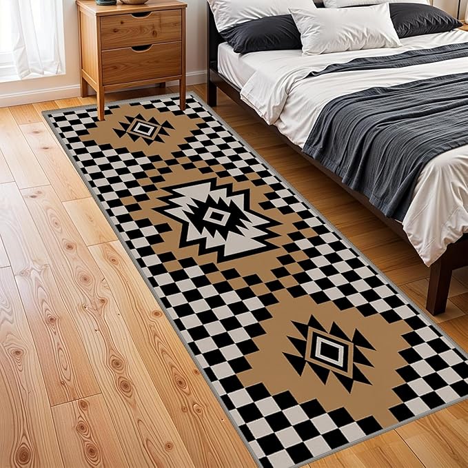 Western Aztec Long Hallway Rug Runners, 2x7ft, Modern Brown Diamond Check Area Carpet for Living Room, Easy Clean Fade Resistant Durable Foldable Pet Friendly Rugs for Front Door