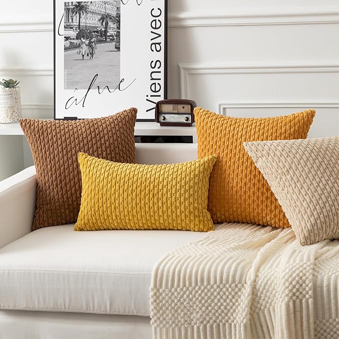 Kevin Textile Throw Pillow Covers Soft Corduroy Decorative Set of 2 Boho Striped Pillow Covers Pillowcases Farmhouse Home Decor for Couch Bed Sofa Living Room 16x16 Inch Golden Yellow