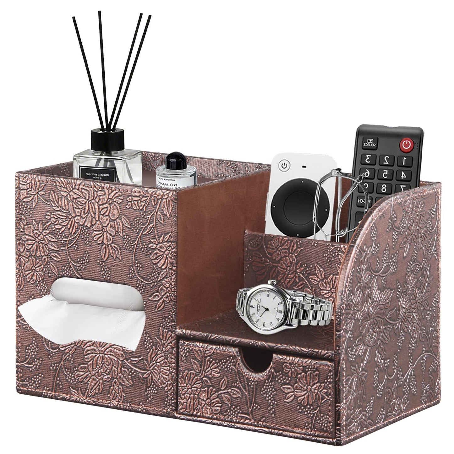 Fanousy Square Tissue Box Cover with Drawer Storage and Tray on Top, PU Leather Tissues Cube Boxes Holder, Modern Nightstand Organizer Caddy, Remote Control Holder for Bathroom, Bedside, Office, Home