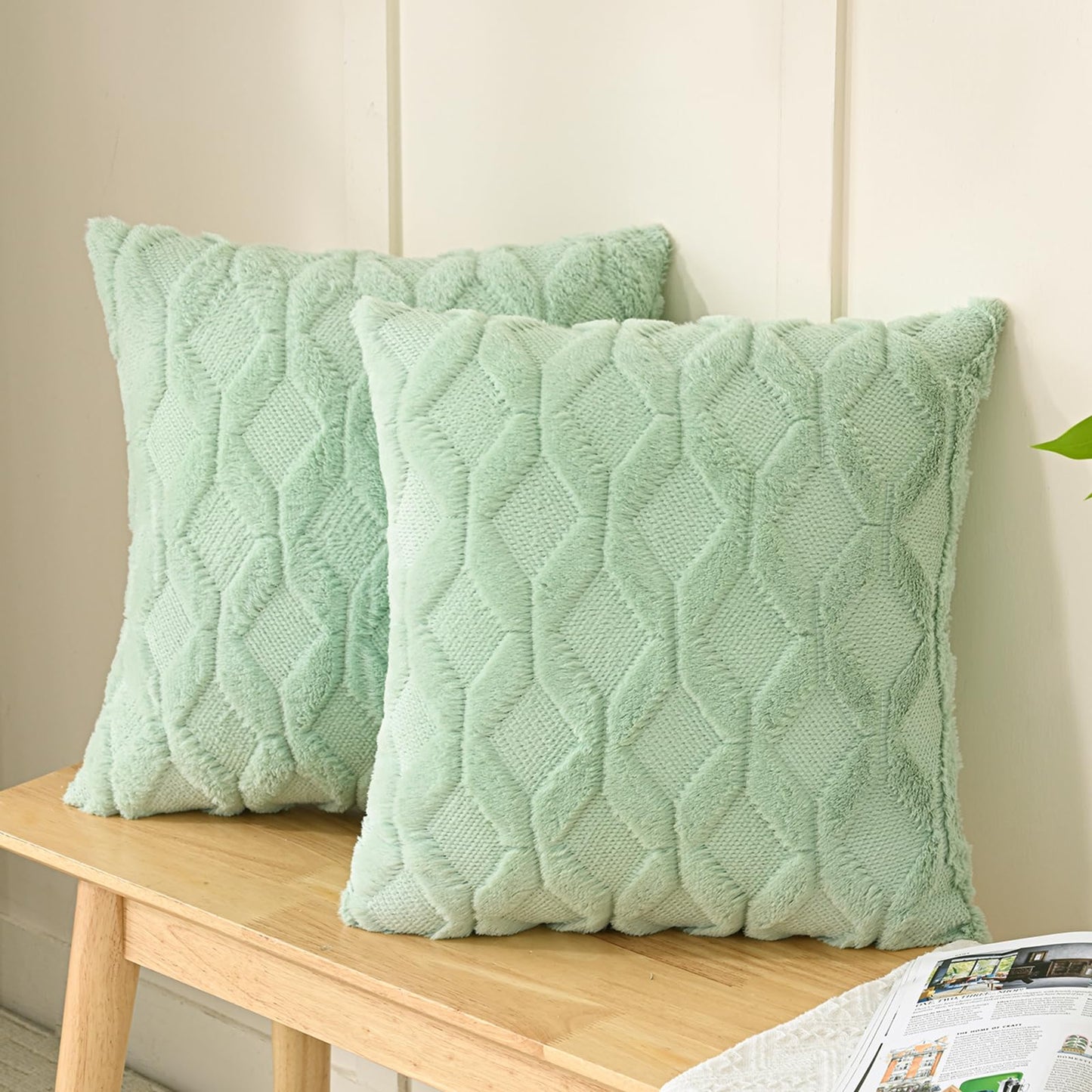 Volcanics Pack of 2 Faux Wool Throw Pillow Covers 20x20 Inches Decorative Farmhouse Velvet Couch Pillow Case Soft Plush Square Boho Cushion Pillowcase, Sage Green