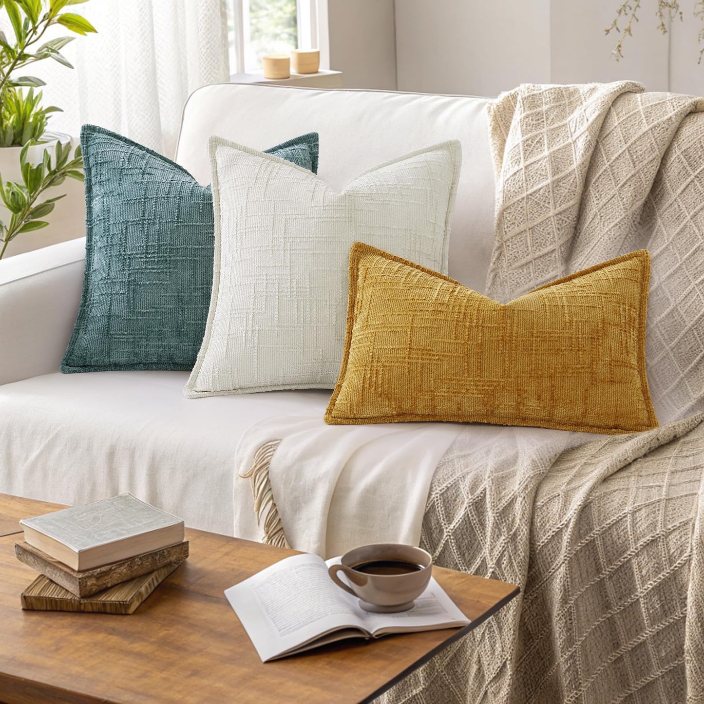 decorUhome Chenille Throw Pillow Covers 26x26 Set of 2, Soft Textured Slubby Modern Decorative Pillow Covers with Elegant Design for Couch, Sofa, Living Room, Cream White