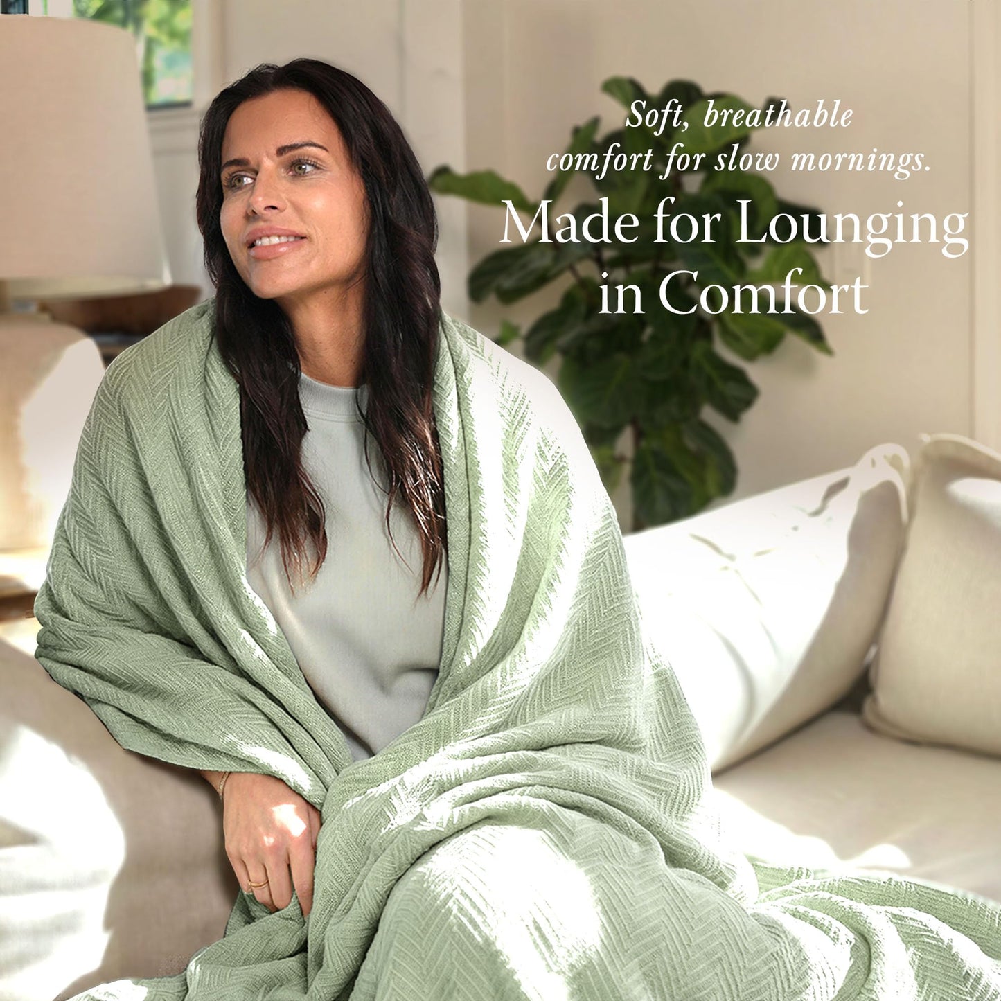 Threadmill Luxury Cotton Blankets Queen Size | All-Season 100% Cotton Blanket for Queen/Full Size Bed | Herringbone Soft Breathable | Sage Green