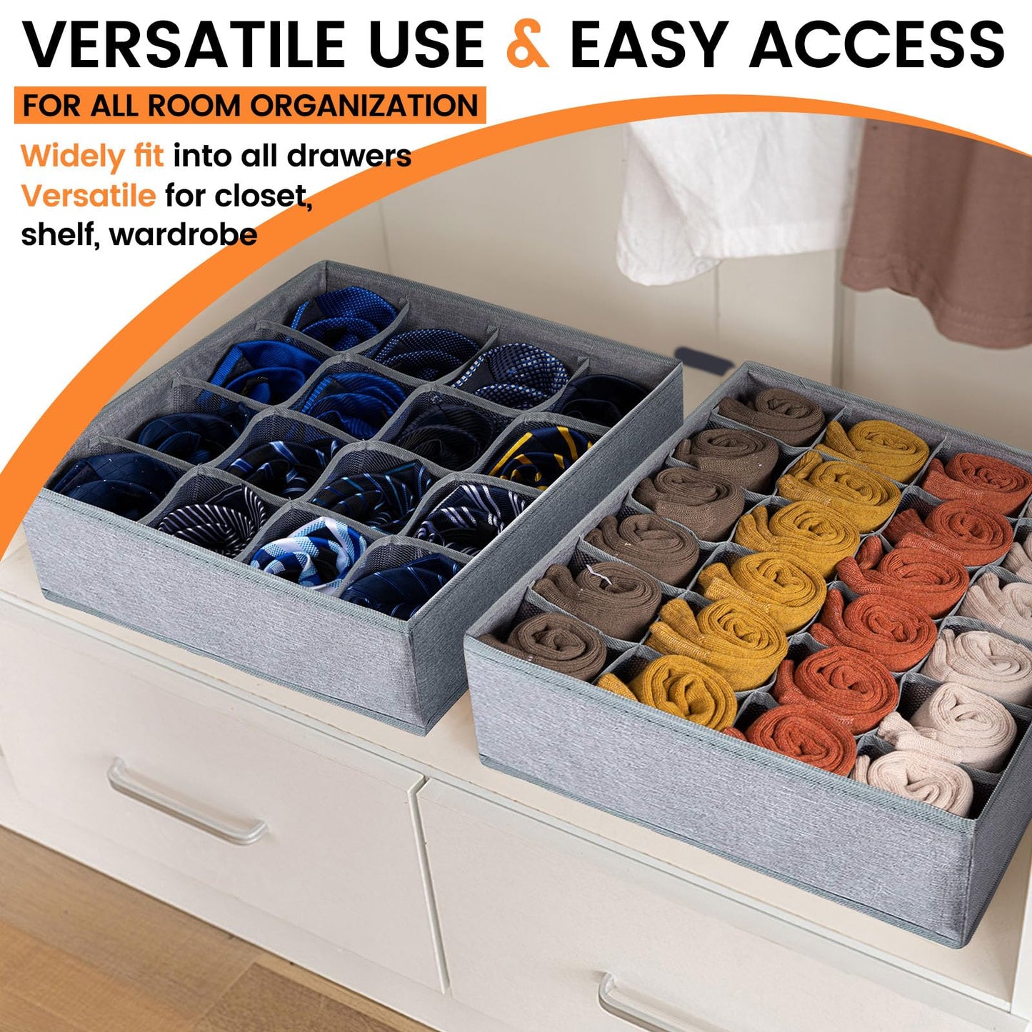 Criusia 3 Pack Sock Underwear Drawer Organizer Dividers, 64 Cell Fabric Foldable Dresser Organizer for Closet Organizers and Storage Boxes for Organizing Socks, Underwear, Ties (16+24+24 Cell, Gray)