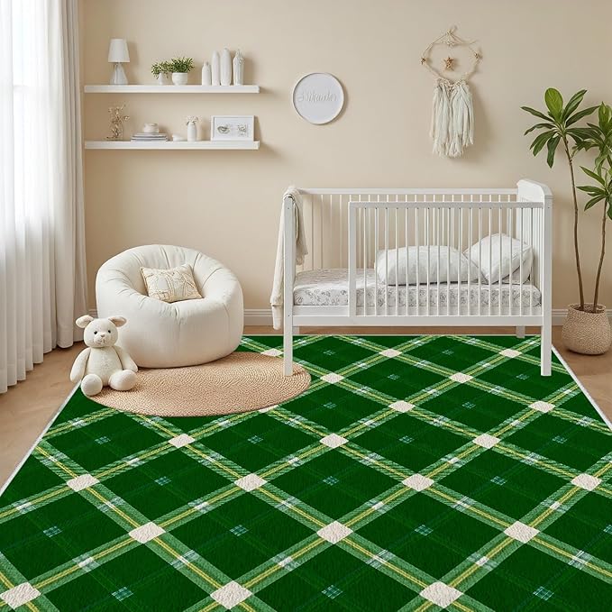 Plaid Rug - 4x5 Rug for Living Room, Geometric Stripes Soft Neutral Indoor Floor Carpet, Non-Slip Stain Resistant Modern Washable Rugs for Bedroom, Green Area Rugs