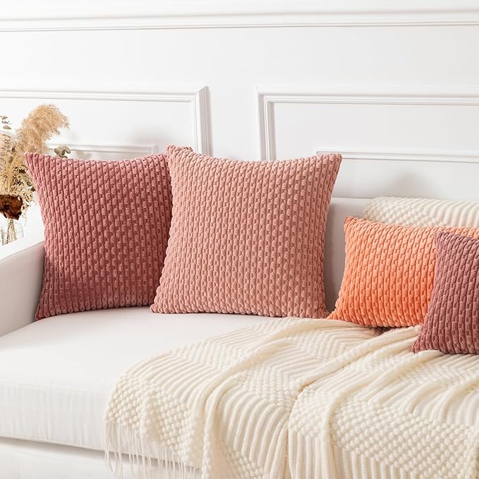 Kevin Textile Throw Pillow Covers Soft Corduroy Decorative Set of 2 Boho Striped Pillow Covers Pillowcases Valentines Day Farmhouse Home Decor for Couch Bed Sofa Living Room 18x18 Inch Blush Pink
