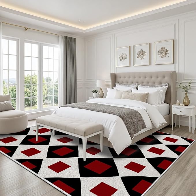 Plaid Rug 6x9, Vintage Geometric Soft Ultra Soft Faux Wool Low Pile Rug, Indoor Floor Mats Carpet, Non-Slip Stain Resistant Washable Rugs, Modern Red Rugs for Living Room Home Office Decor