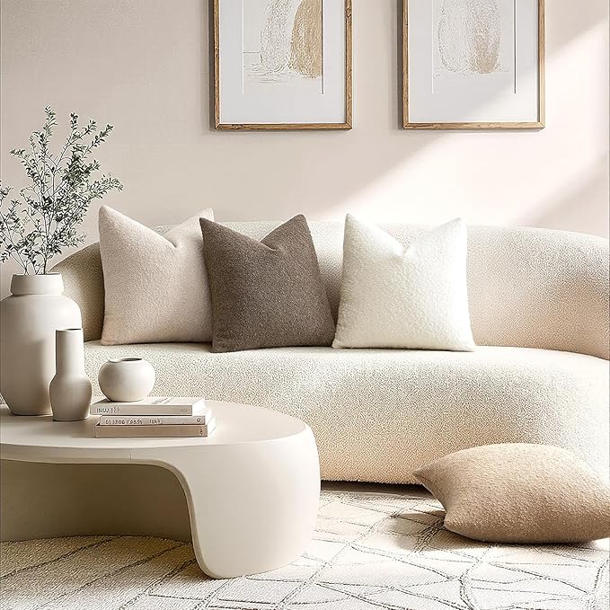 ANRODUO Pack of 2 Textured Boucle Throw Pillow Covers Soft White Decorative Accent Solid Pillow Cases Cozy Modern Couch Cushion Case for Chair Sofa Bedroom Living Room Spring Home Decor, 20 x 20 Inch