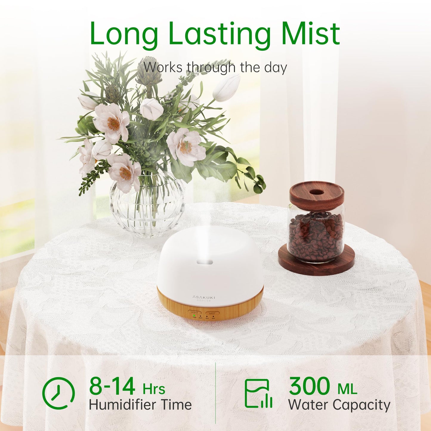 ASAKUKI Essential Oil Diffuser, 300ml Ultrasonic Aromatherapy Oil Humidifier with 7 Colors LED Lights, 2 Mist Mode for Home (Wood Grain)