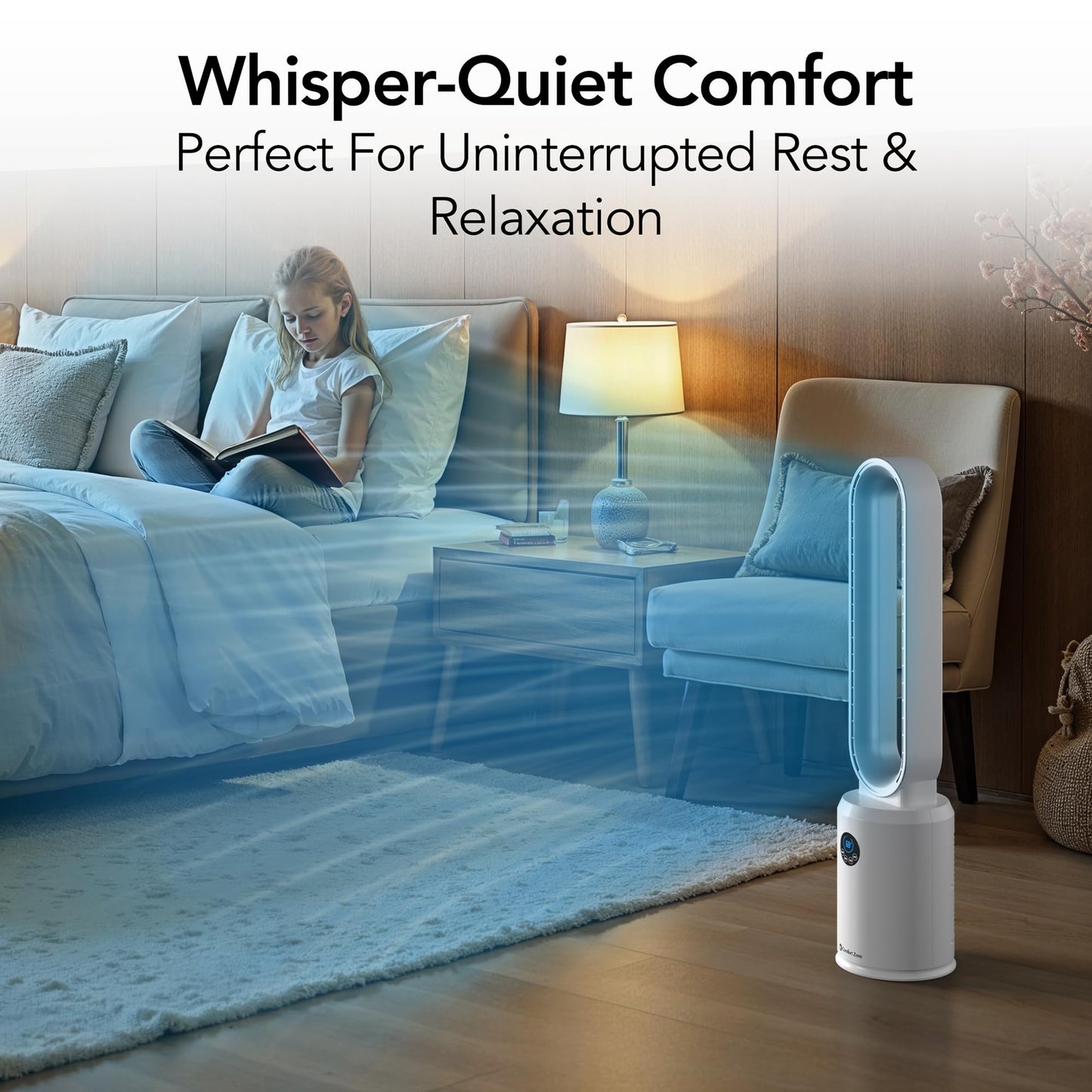 Comfort Zone 40-Inch Bladeless Tower Fan for Bedroom – Quiet Standing Fan with Remote Control, 9H Timer & Wide Area Oscillation – Turbocharged Airflow & Digital LED Display – White/Silver