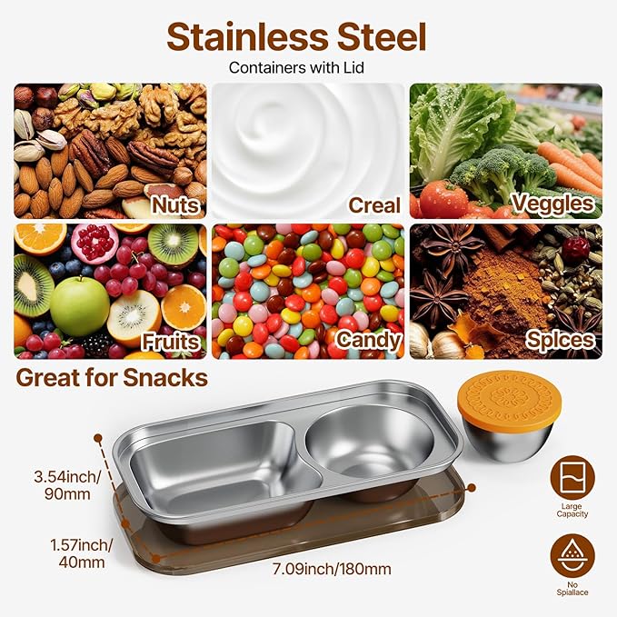 Kitlead 2 Compartment Grab and Go Snack Containers Reusable,Stainless Steel Snack Containers with Lid for Travel, Outdoor Camping and Daily Use (Set of 4)