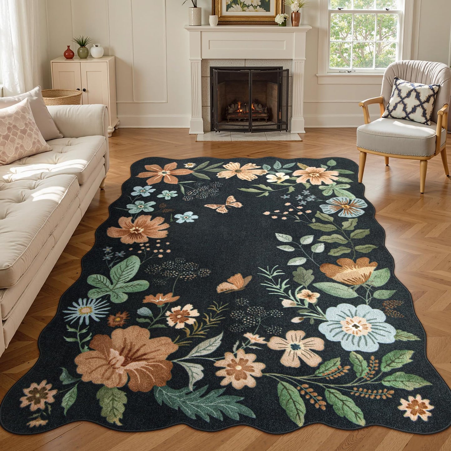 Lahome Floral Rugs for Living Room, 5x7 Area Rugs Ultra-Thin Soft Washable Rug, Non-Slip Bedroom Rug Stain Resistant Boho Flore Carpet for ‎Dining Room Office (5x7ft,Black/Grey)