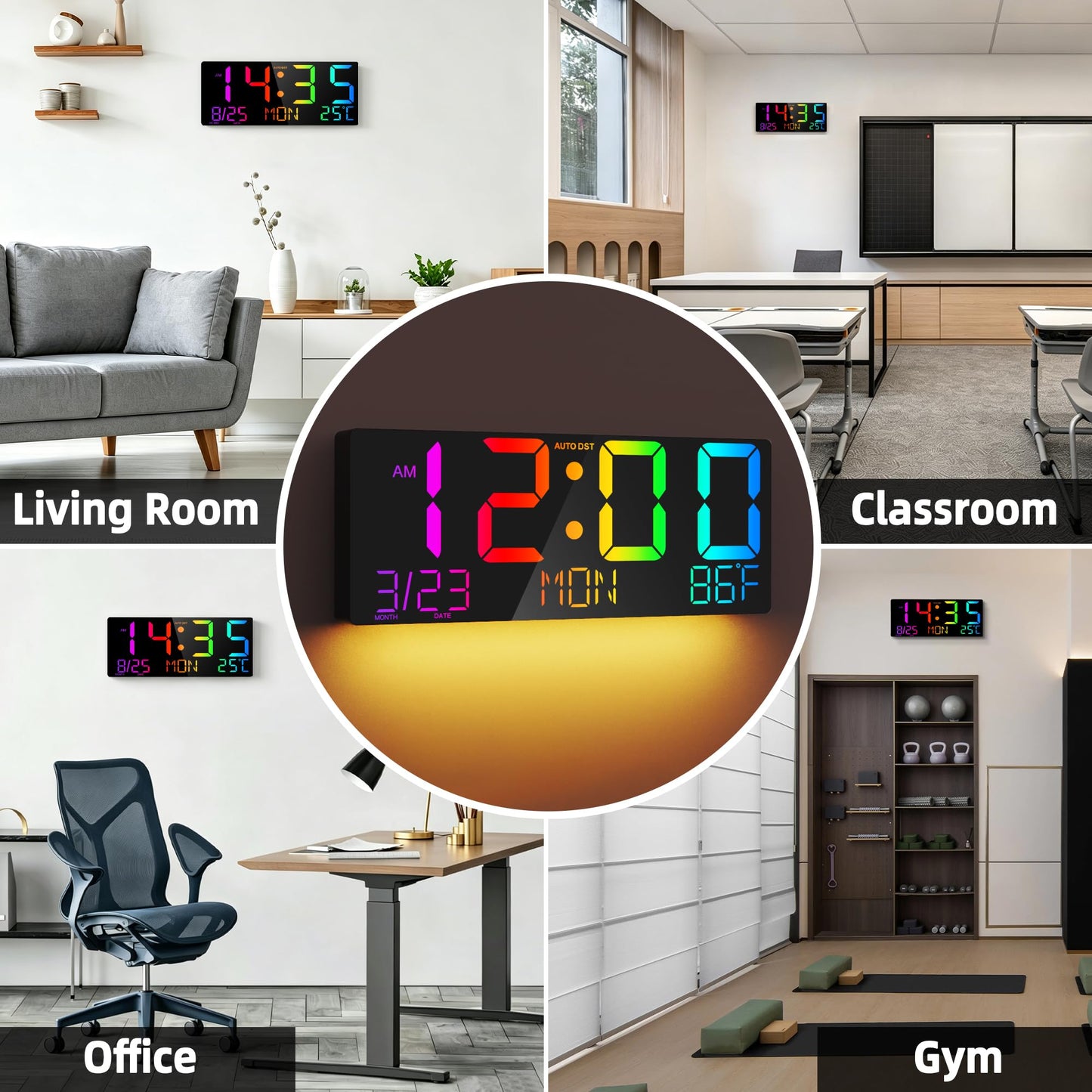 Mee 2ou 16" Large Digital Wall Clock with RGB LED Jumbo Number, Remote Control, Auto DST, Temperature,Calendar, Modern Wall Mount Digital Clock for Living Room, Classroom, Office Wall, Senior Bedroom