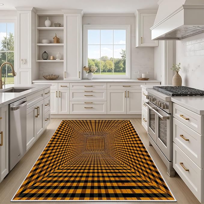 3D Rugs Optical Illusion - Plaid Rug 7x10, Geometric Stripes Soft Neutral Indoor Floor Mats Carpet, Non-Slip Stain Resistant Modern Orange Rug for Bedroom, Living Room Rugs