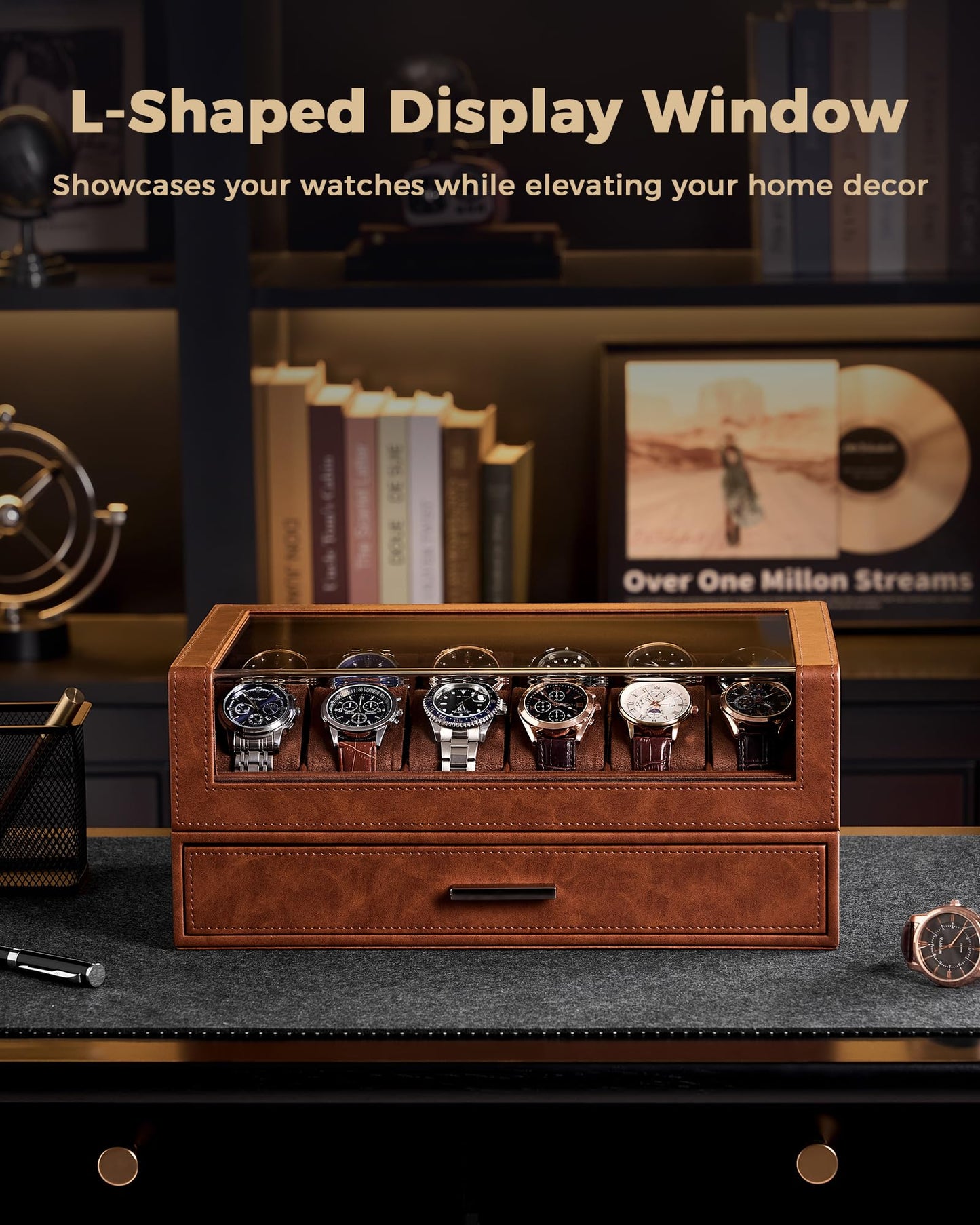ProCase Watch Box for Men, 12 Slots Watch Display Holder with Clear Acrylic Top, Large Capacity PU Leather Case with Drawer Organizer, Jewelry Storage, Ideal Fathers Day Gift for Dad -Brown