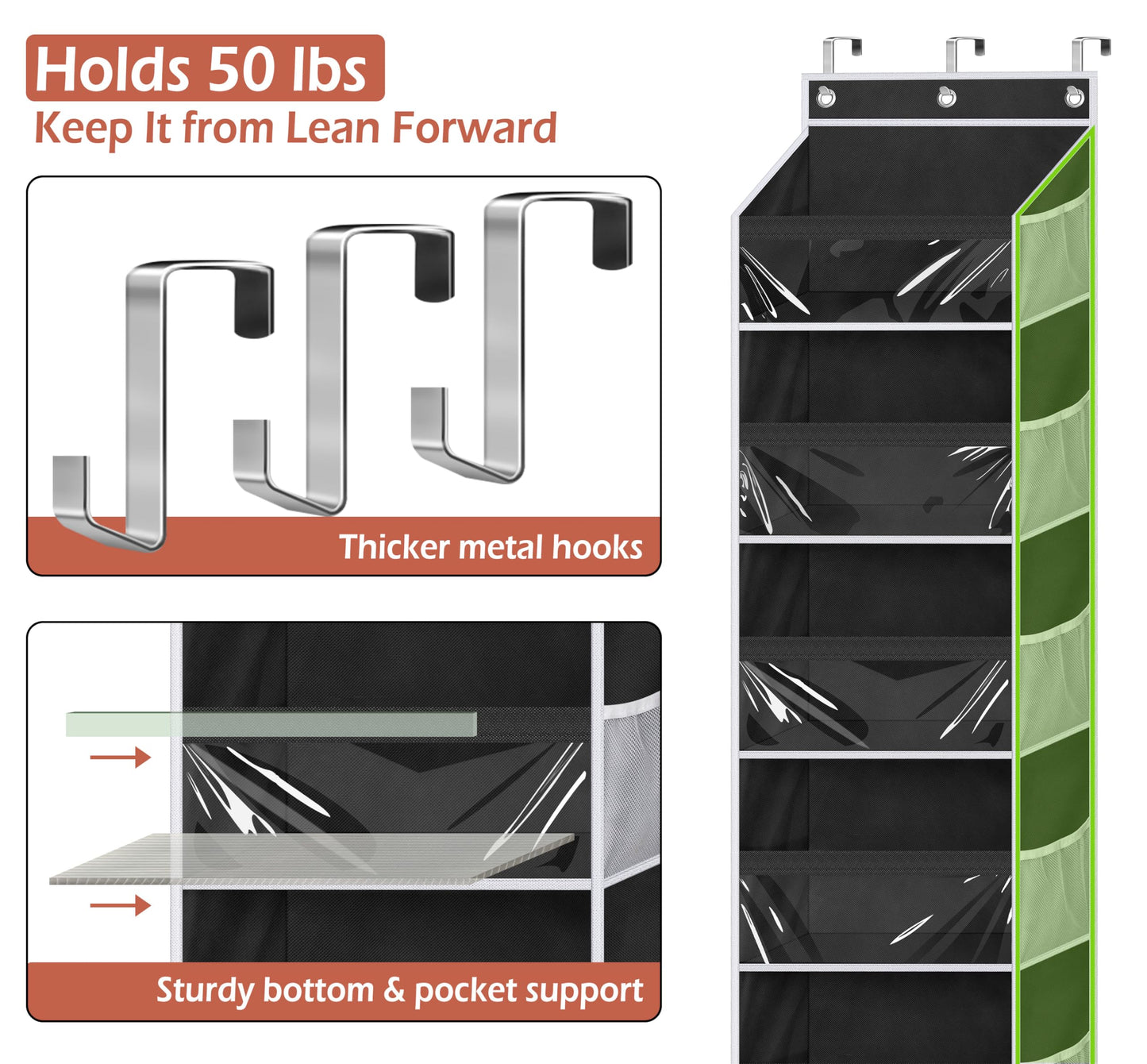 MISSLO Back of Door Storage Organizer Hanging with 6 Large Pockets 12 Side Pockets Closet Door Organizer Baby Organization for Bathroom, Pantry, Bedroom, Nursery, Clothes, Toys, Diapers, Black
