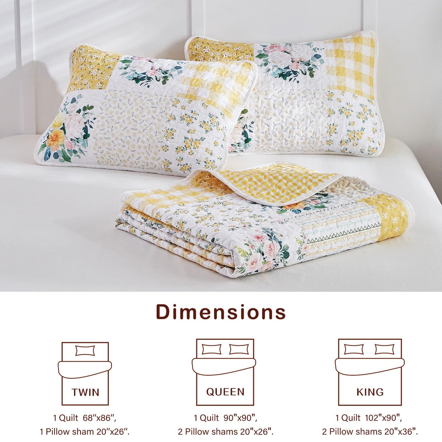 Joyreap 3 Pieces Floral Patchwork Quilt Set Queen, Yellow n White Flowers Design, Soft n Cozy Microfiber Quilt, Bedspread Bed Cover for All Season, 1 Quilt and 2 Pillow Shams- 90x90 inches