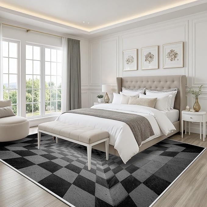 3D Rug 5x6, Plaid Soft Ultra Soft Faux Wool Low Pile Optical Illusion Rug, Indoor Floor Mats Abstract Geometric Carpet, Non-Slip Stain Resistant Washable Rugs, Modern Gray Rugs for Living Room