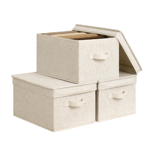 StorageWorks Fabric Storage Bins with Lids, Decorative Storage Bins with Soft Handles, Foldable Storage Baskets for Closet, Shelves, Stackable and Sturdy Organization, Beige, Large, 3-Pack